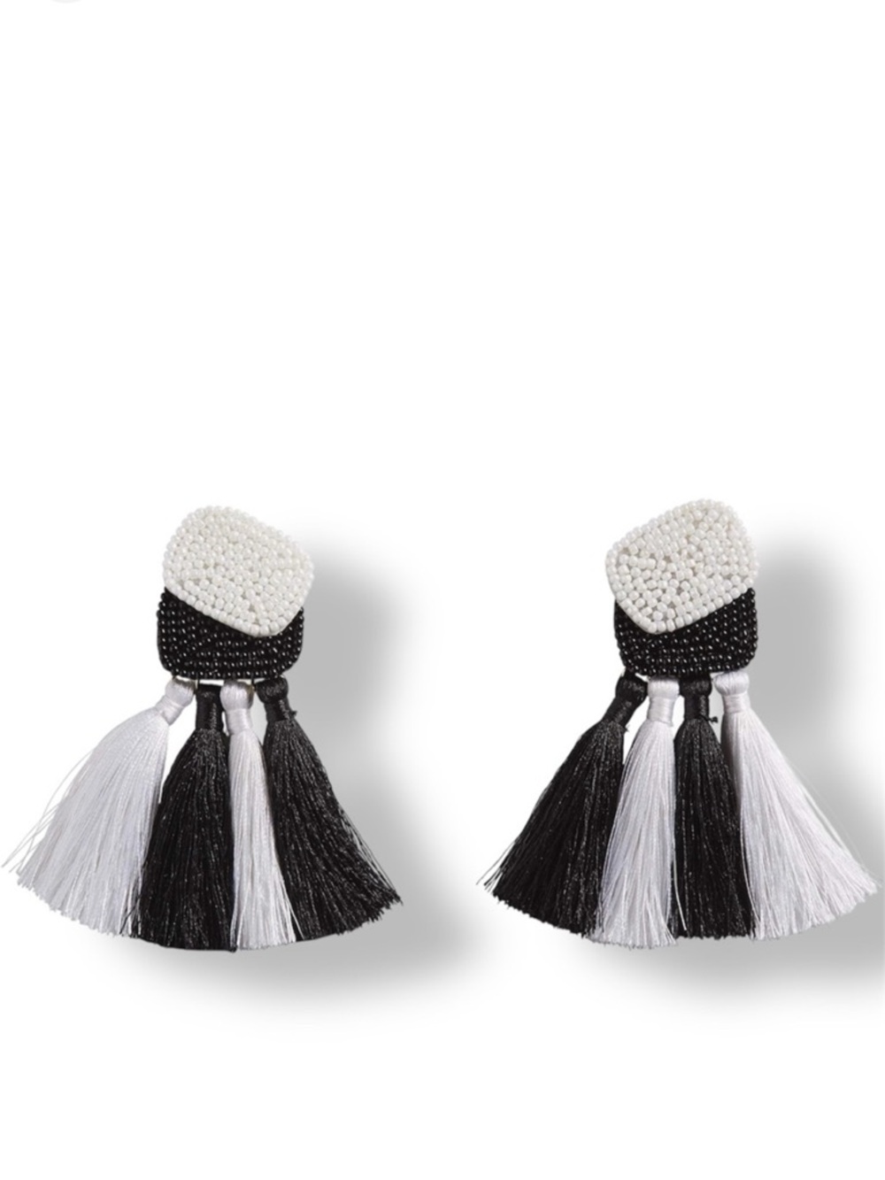 MUD PIE Black & White Beaded Fringe Tassel Earrings - NWT